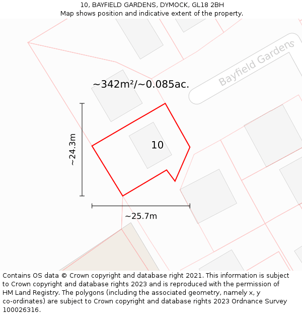 10, BAYFIELD GARDENS, DYMOCK, GL18 2BH: Plot and title map
