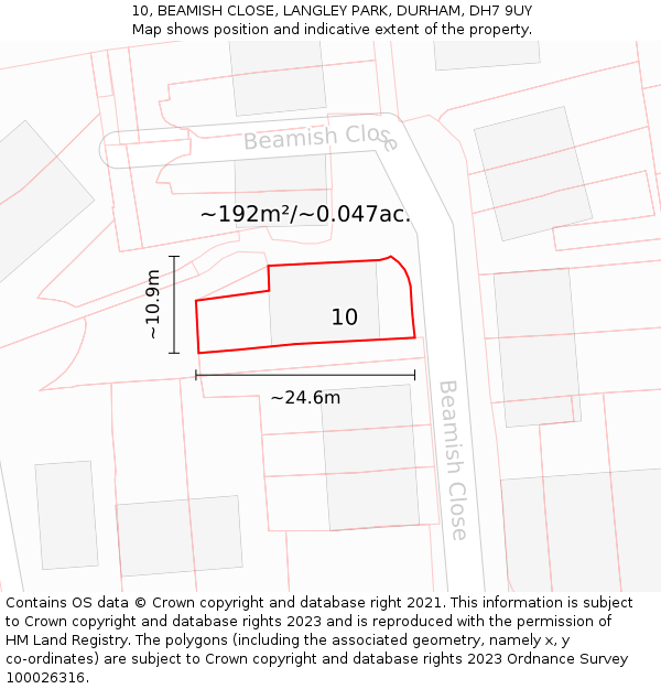 10, BEAMISH CLOSE, LANGLEY PARK, DURHAM, DH7 9UY: Plot and title map