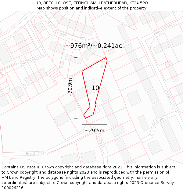 10, BEECH CLOSE, EFFINGHAM, LEATHERHEAD, KT24 5PQ: Plot and title map