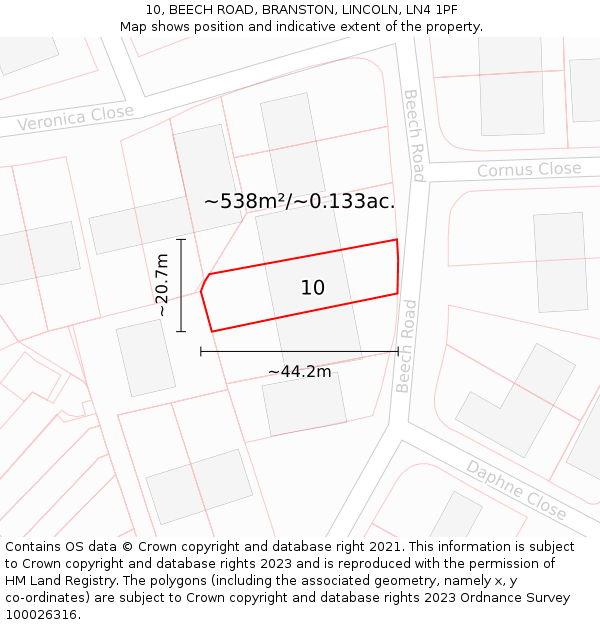 10, BEECH ROAD, BRANSTON, LINCOLN, LN4 1PF: Plot and title map