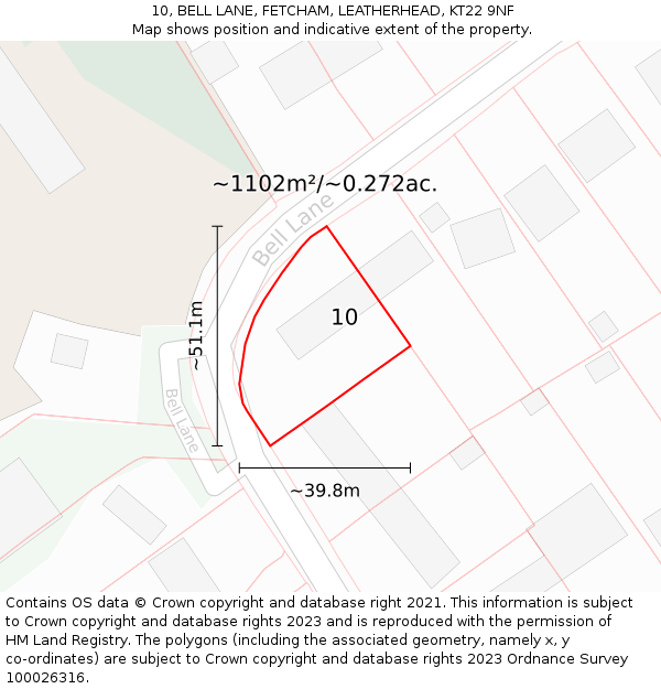 10, BELL LANE, FETCHAM, LEATHERHEAD, KT22 9NF: Plot and title map