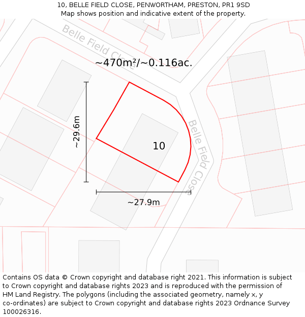 10, BELLE FIELD CLOSE, PENWORTHAM, PRESTON, PR1 9SD: Plot and title map