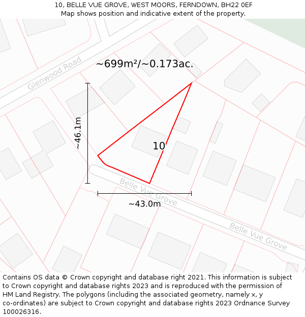 10, BELLE VUE GROVE, WEST MOORS, FERNDOWN, BH22 0EF: Plot and title map