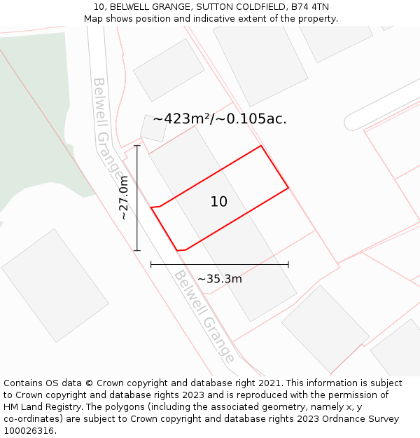 10, BELWELL GRANGE, SUTTON COLDFIELD, B74 4TN: Plot and title map