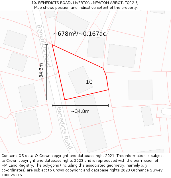10, BENEDICTS ROAD, LIVERTON, NEWTON ABBOT, TQ12 6JL: Plot and title map