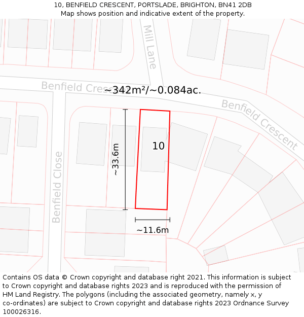 10, BENFIELD CRESCENT, PORTSLADE, BRIGHTON, BN41 2DB: Plot and title map
