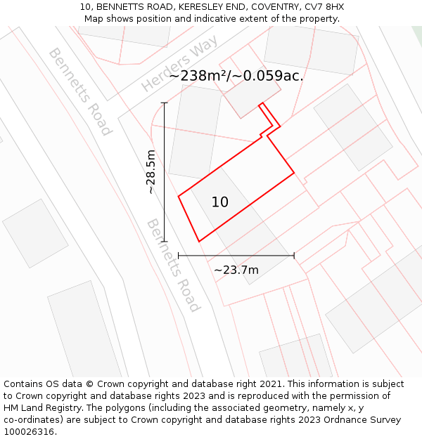 10, BENNETTS ROAD, KERESLEY END, COVENTRY, CV7 8HX: Plot and title map