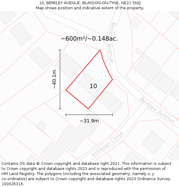 10, BERKLEY AVENUE, BLAYDON-ON-TYNE, NE21 5NQ: Plot and title map