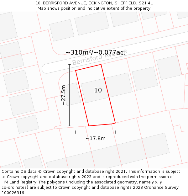 10, BERRISFORD AVENUE, ECKINGTON, SHEFFIELD, S21 4LJ: Plot and title map