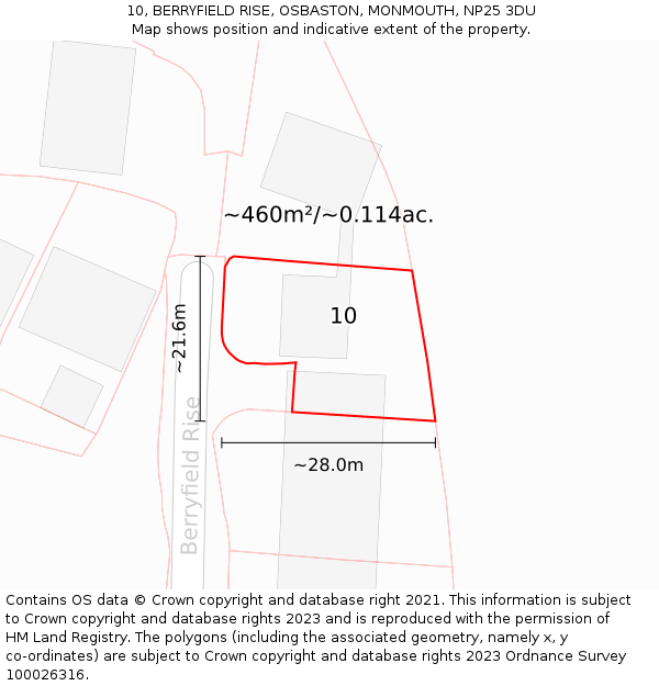 10, BERRYFIELD RISE, OSBASTON, MONMOUTH, NP25 3DU: Plot and title map
