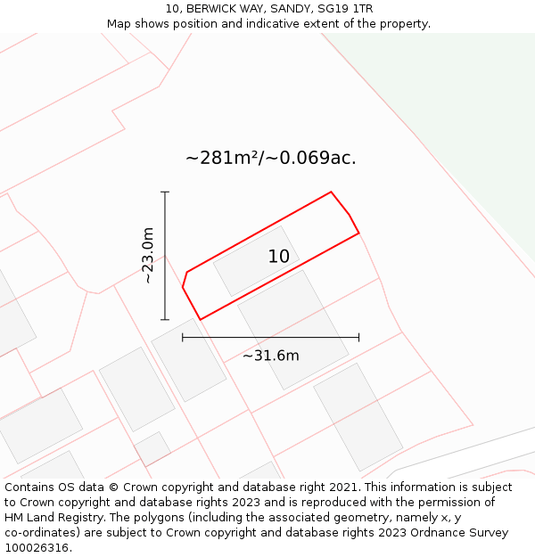 10, BERWICK WAY, SANDY, SG19 1TR: Plot and title map