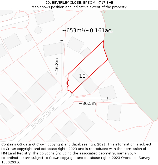 10, BEVERLEY CLOSE, EPSOM, KT17 3HB: Plot and title map