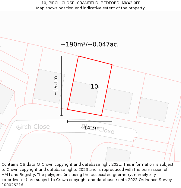 10, BIRCH CLOSE, CRANFIELD, BEDFORD, MK43 0FP: Plot and title map