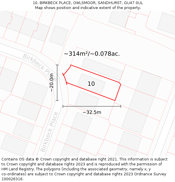10, BIRKBECK PLACE, OWLSMOOR, SANDHURST, GU47 0UL: Plot and title map