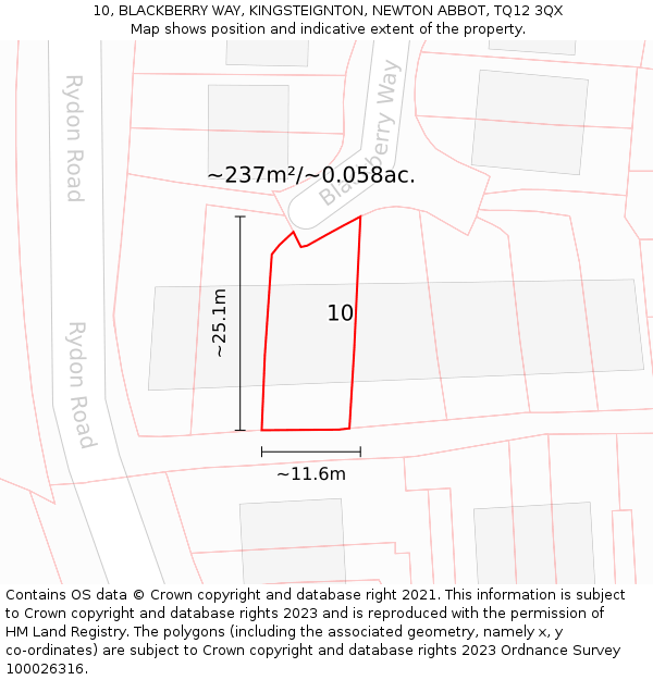 10, BLACKBERRY WAY, KINGSTEIGNTON, NEWTON ABBOT, TQ12 3QX: Plot and title map