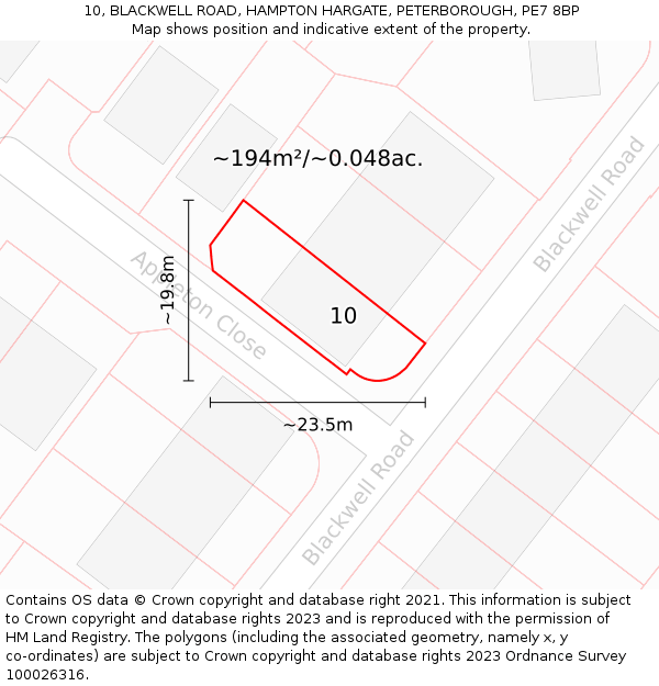 10, BLACKWELL ROAD, HAMPTON HARGATE, PETERBOROUGH, PE7 8BP: Plot and title map
