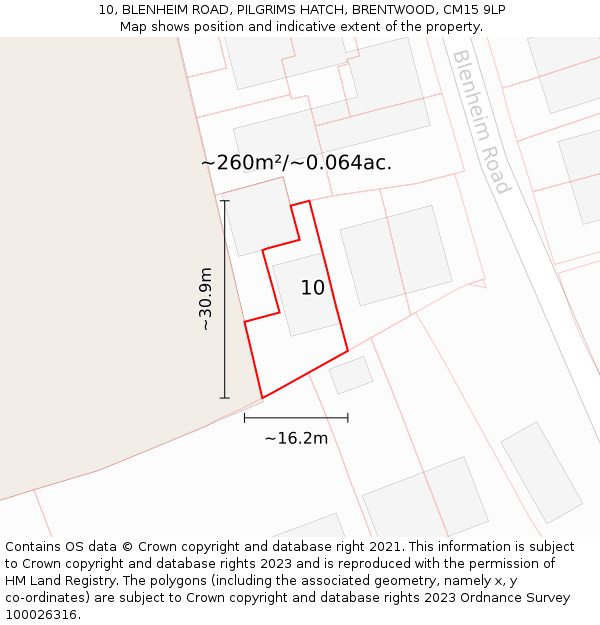 10, BLENHEIM ROAD, PILGRIMS HATCH, BRENTWOOD, CM15 9LP: Plot and title map