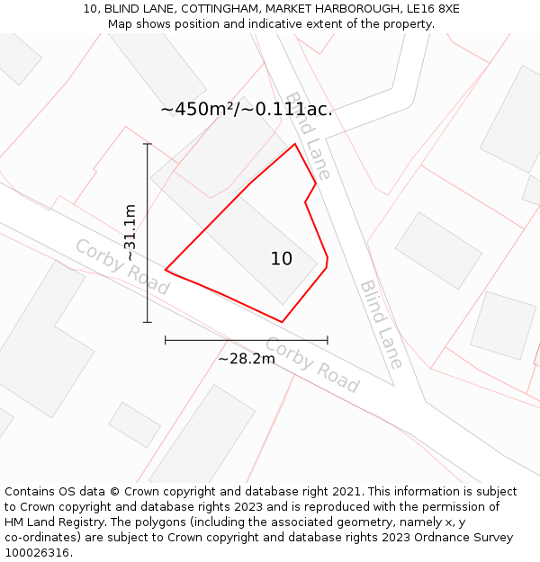 10, BLIND LANE, COTTINGHAM, MARKET HARBOROUGH, LE16 8XE: Plot and title map