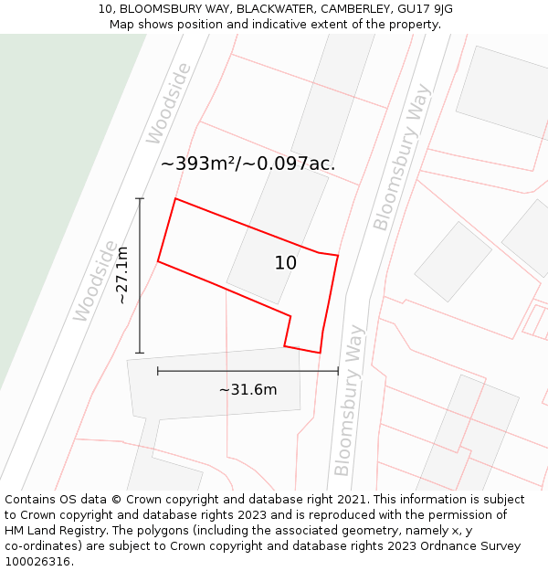 10, BLOOMSBURY WAY, BLACKWATER, CAMBERLEY, GU17 9JG: Plot and title map