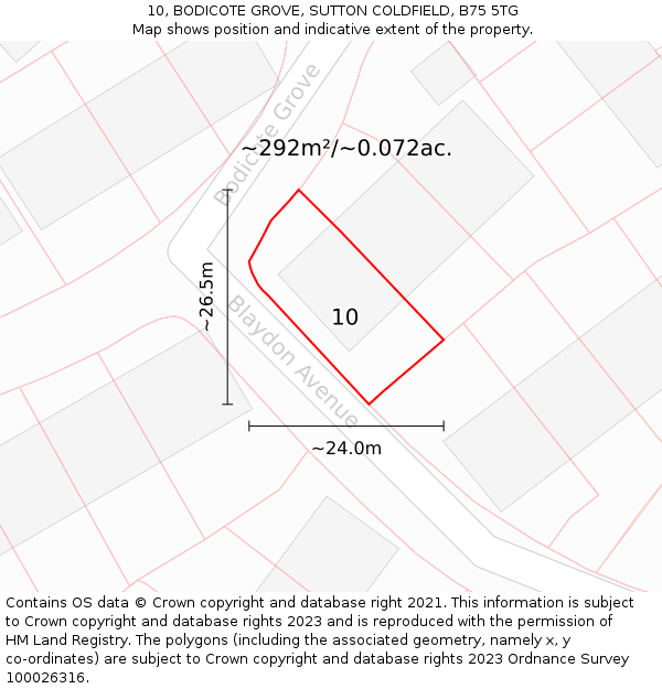 10, BODICOTE GROVE, SUTTON COLDFIELD, B75 5TG: Plot and title map