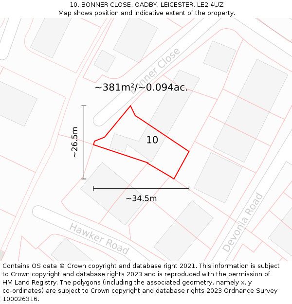10, BONNER CLOSE, OADBY, LEICESTER, LE2 4UZ: Plot and title map