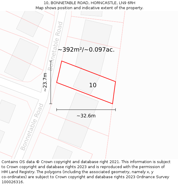 10, BONNETABLE ROAD, HORNCASTLE, LN9 6RH: Plot and title map