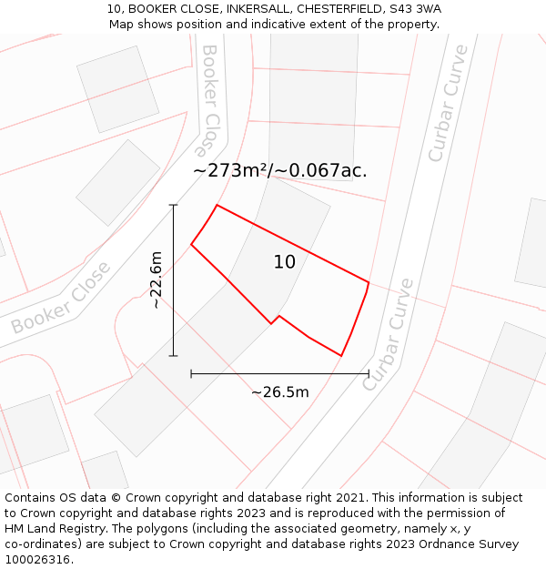 10, BOOKER CLOSE, INKERSALL, CHESTERFIELD, S43 3WA: Plot and title map