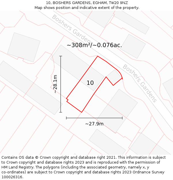 10, BOSHERS GARDENS, EGHAM, TW20 9NZ: Plot and title map