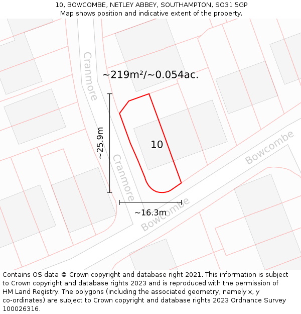 10, BOWCOMBE, NETLEY ABBEY, SOUTHAMPTON, SO31 5GP: Plot and title map