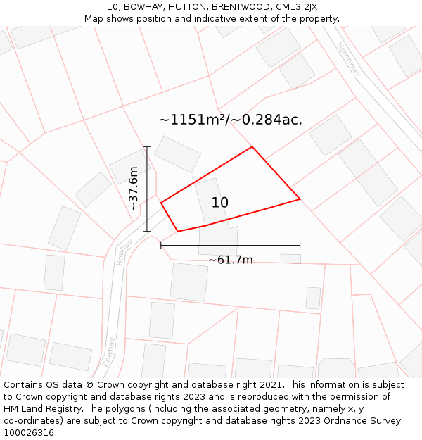 10, BOWHAY, HUTTON, BRENTWOOD, CM13 2JX: Plot and title map