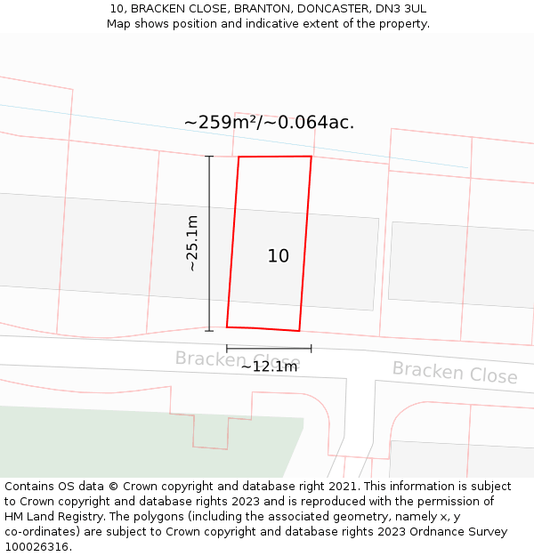 10, BRACKEN CLOSE, BRANTON, DONCASTER, DN3 3UL: Plot and title map