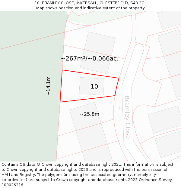 10, BRAMLEY CLOSE, INKERSALL, CHESTERFIELD, S43 3GH: Plot and title map