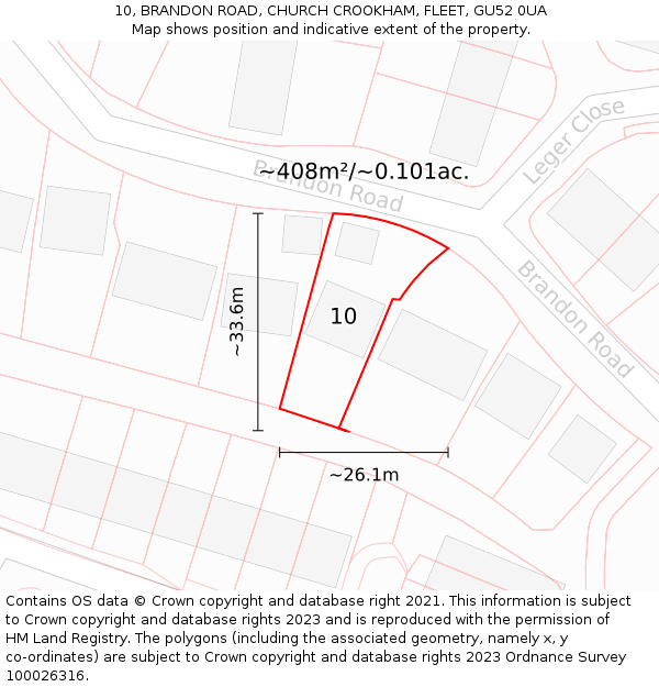 10, BRANDON ROAD, CHURCH CROOKHAM, FLEET, GU52 0UA: Plot and title map