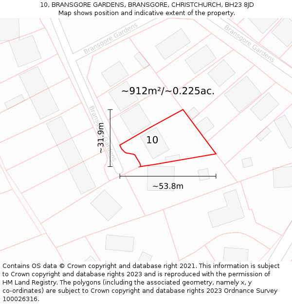 10, BRANSGORE GARDENS, BRANSGORE, CHRISTCHURCH, BH23 8JD: Plot and title map