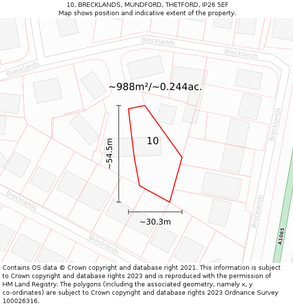 10, BRECKLANDS, MUNDFORD, THETFORD, IP26 5EF: Plot and title map