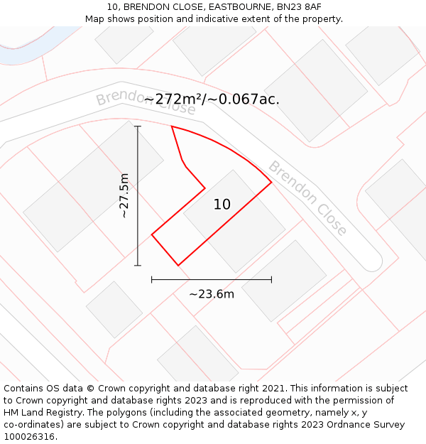 10, BRENDON CLOSE, EASTBOURNE, BN23 8AF: Plot and title map