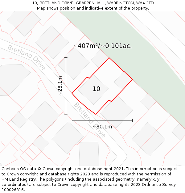 10, BRETLAND DRIVE, GRAPPENHALL, WARRINGTON, WA4 3TD: Plot and title map