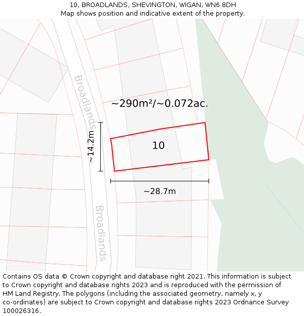 10, BROADLANDS, SHEVINGTON, WIGAN, WN6 8DH: Plot and title map