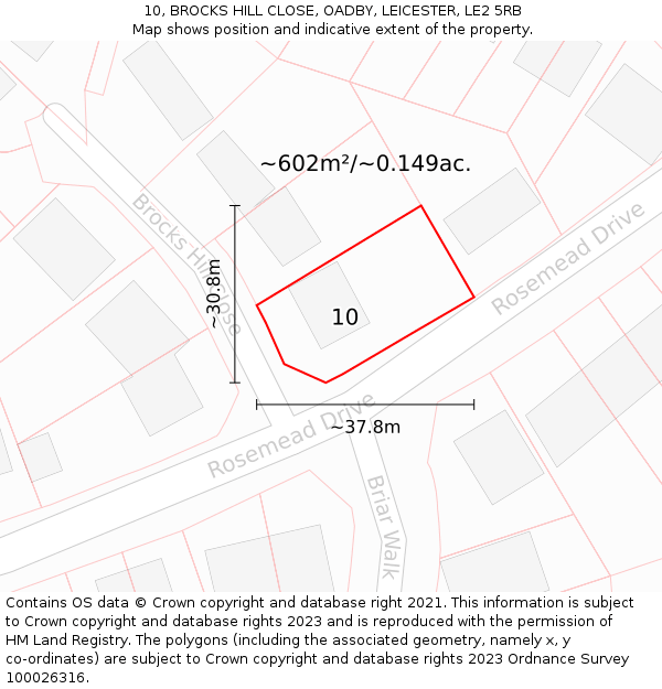 10, BROCKS HILL CLOSE, OADBY, LEICESTER, LE2 5RB: Plot and title map