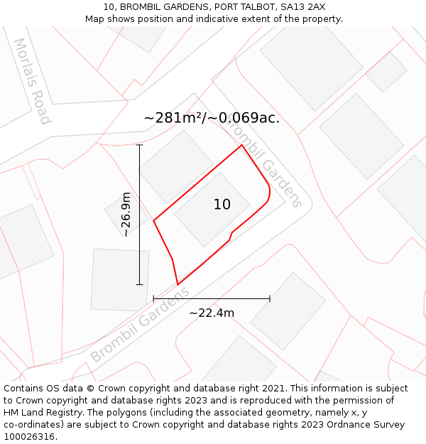 10, BROMBIL GARDENS, PORT TALBOT, SA13 2AX: Plot and title map