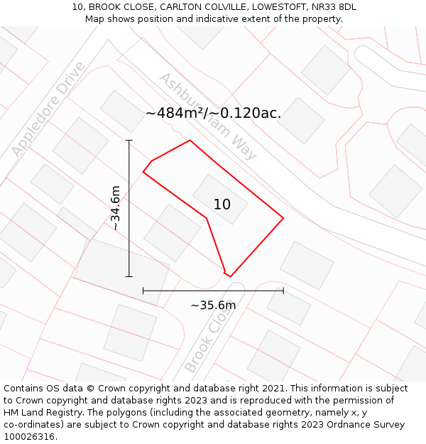 10, BROOK CLOSE, CARLTON COLVILLE, LOWESTOFT, NR33 8DL: Plot and title map