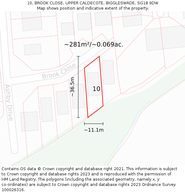 10, BROOK CLOSE, UPPER CALDECOTE, BIGGLESWADE, SG18 9DW: Plot and title map