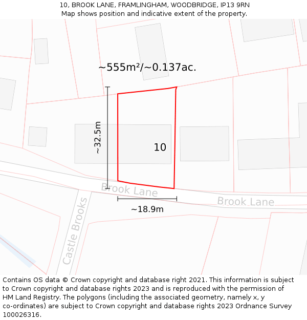 10, BROOK LANE, FRAMLINGHAM, WOODBRIDGE, IP13 9RN: Plot and title map