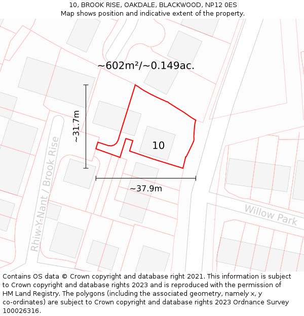 10, BROOK RISE, OAKDALE, BLACKWOOD, NP12 0ES: Plot and title map