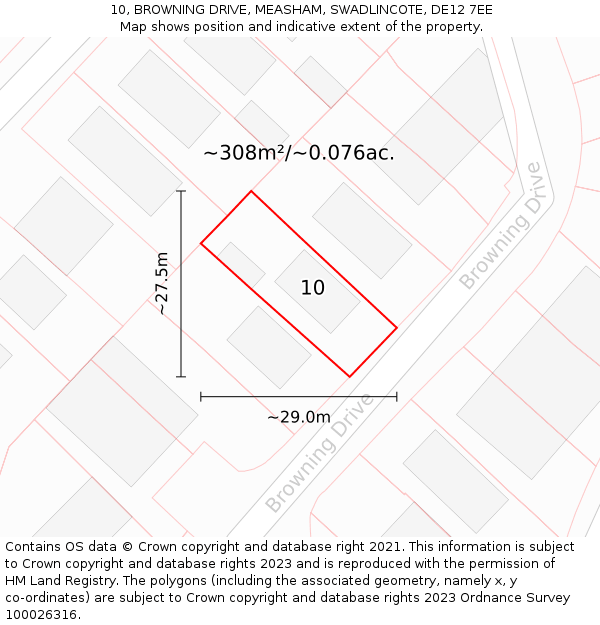10, BROWNING DRIVE, MEASHAM, SWADLINCOTE, DE12 7EE: Plot and title map