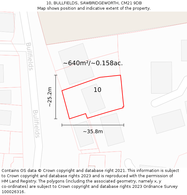10, BULLFIELDS, SAWBRIDGEWORTH, CM21 9DB: Plot and title map