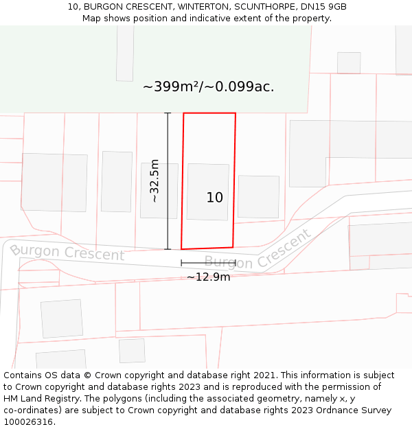 10, BURGON CRESCENT, WINTERTON, SCUNTHORPE, DN15 9GB: Plot and title map