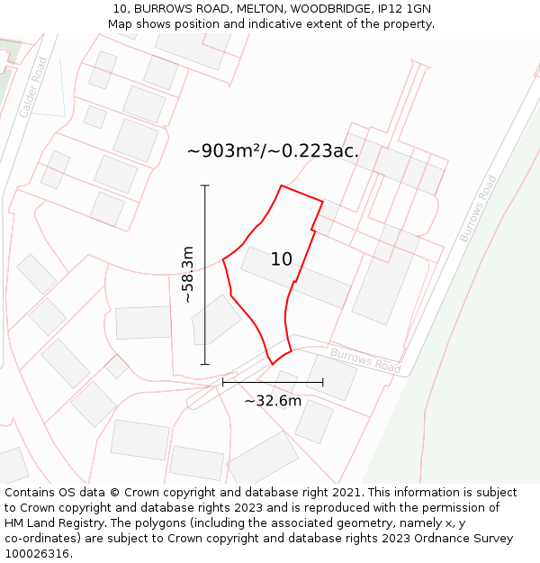 10, BURROWS ROAD, MELTON, WOODBRIDGE, IP12 1GN: Plot and title map