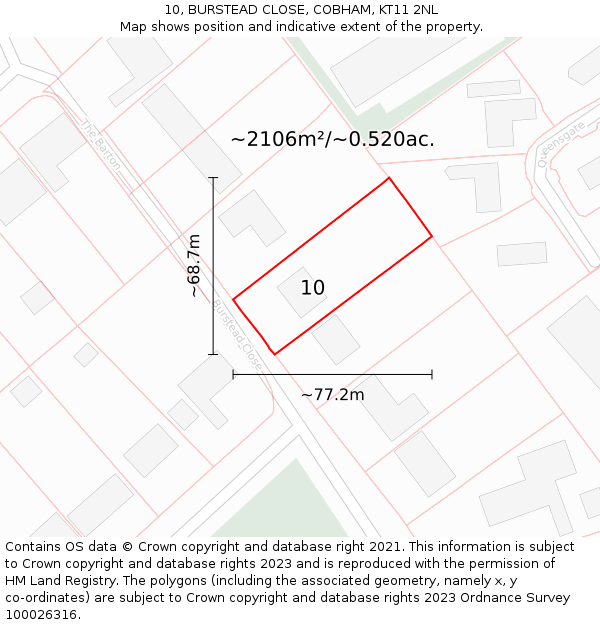 10, BURSTEAD CLOSE, COBHAM, KT11 2NL: Plot and title map