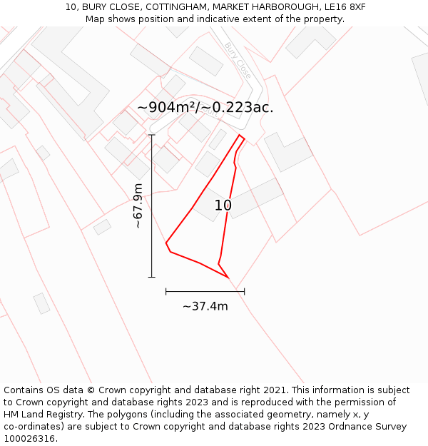 10, BURY CLOSE, COTTINGHAM, MARKET HARBOROUGH, LE16 8XF: Plot and title map